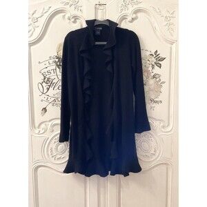 Bloomingdale’s Sweater Women's L Black Cardigan Long Ruffled Wool Cashmere Blend